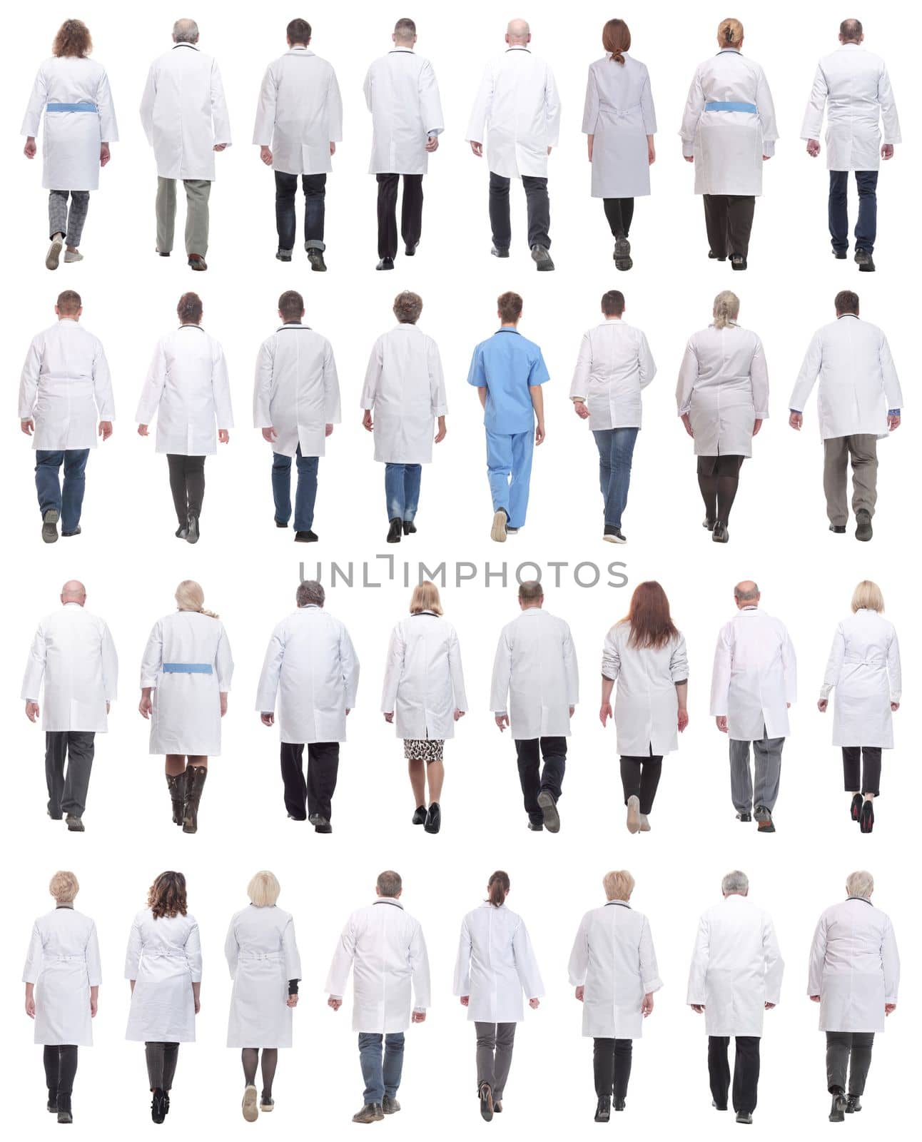 group of doctors in motion isolated on white background