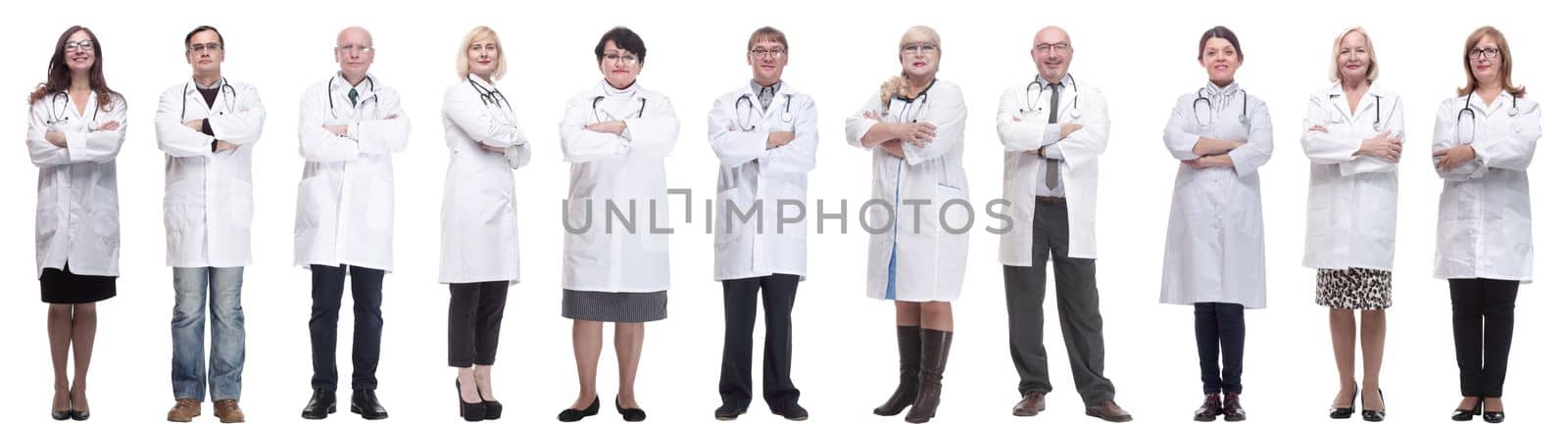 group of doctors in full length isolated on white background