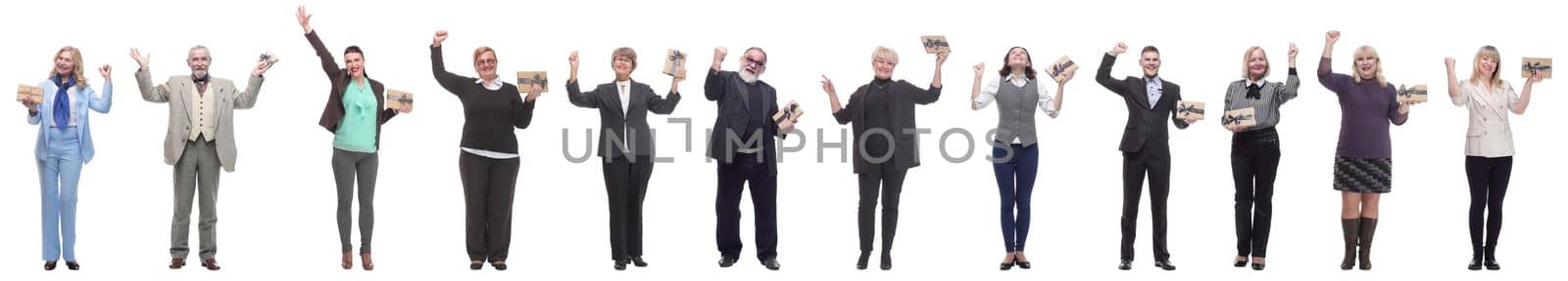 group of happy people with gifts in their hands isolated by asdf