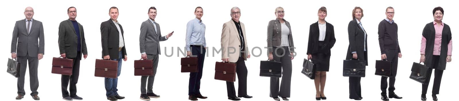 collage, group of businessmen with briefcase isolated on white background