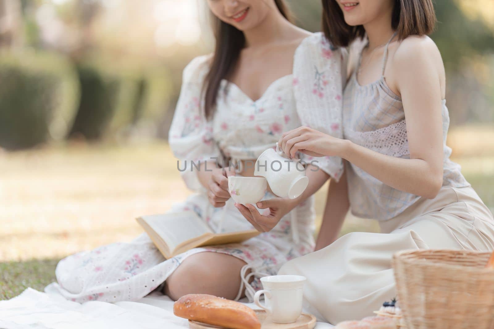 Beautiful woman and friend having picnic on sunny spring day in outdoor park. Valentine and LGBT concept by itchaznong
