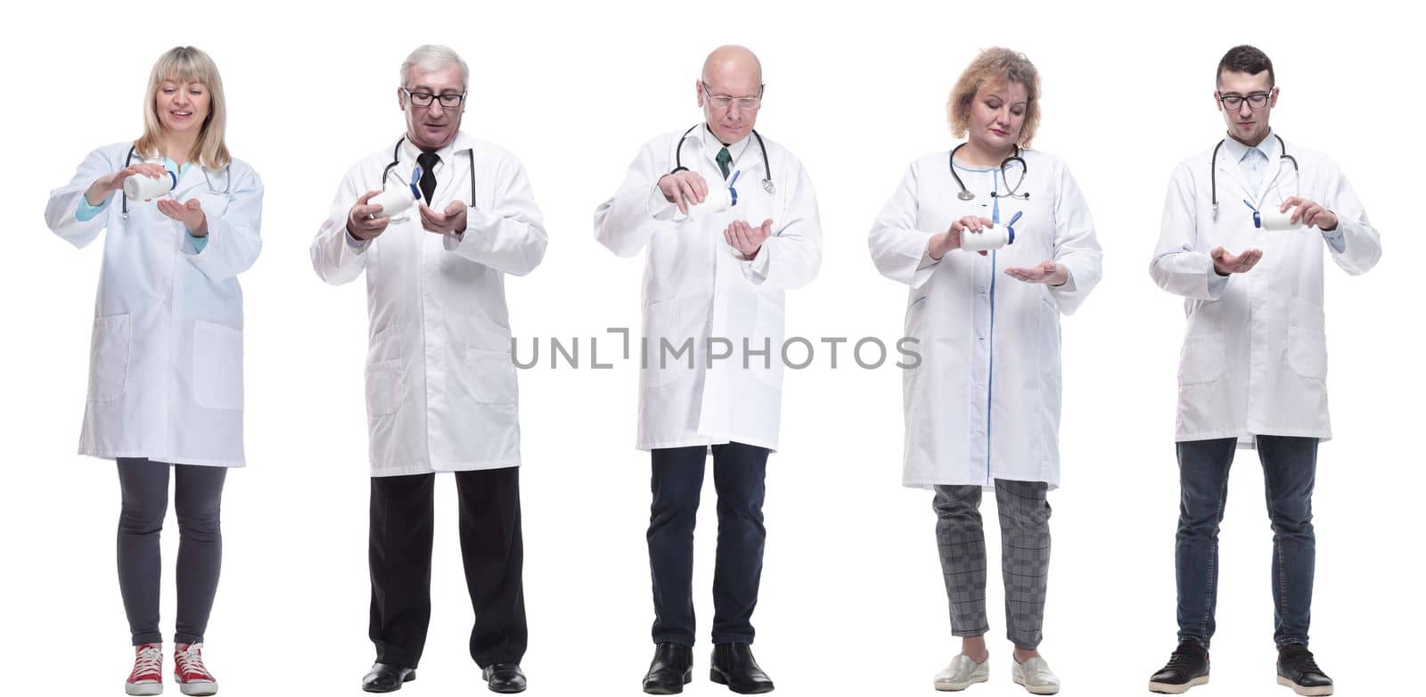 group of doctors holding jar isolated on white background