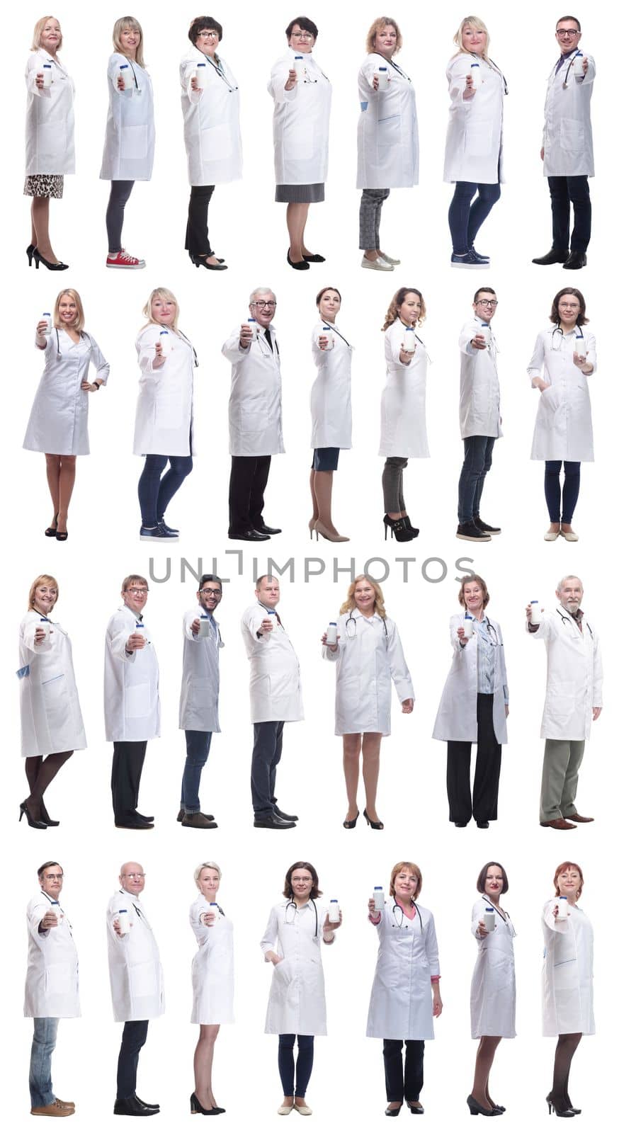 group of doctors holding jar isolated on white background