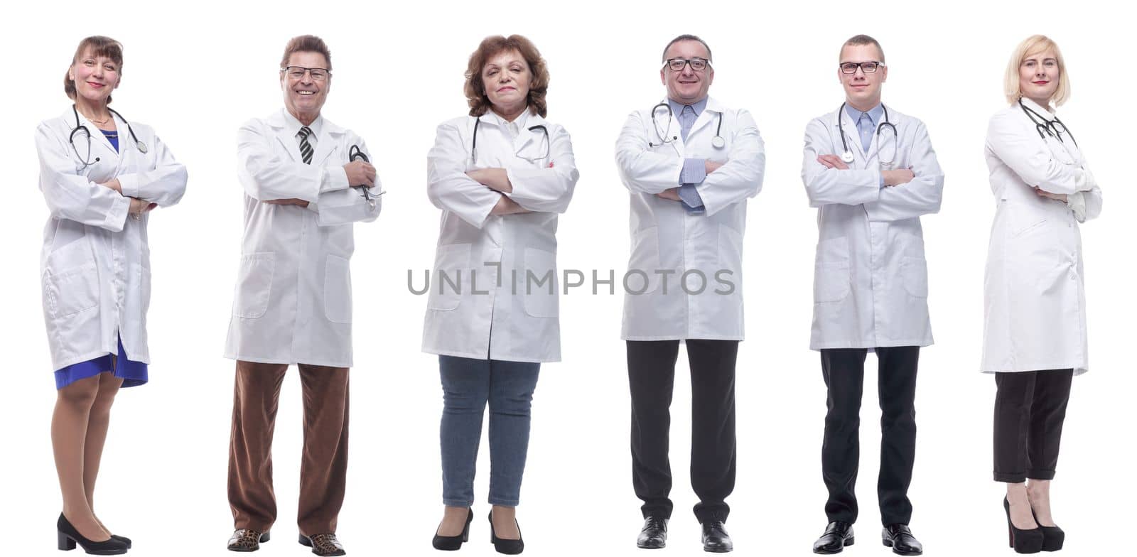 group of doctors in full length isolated on white background
