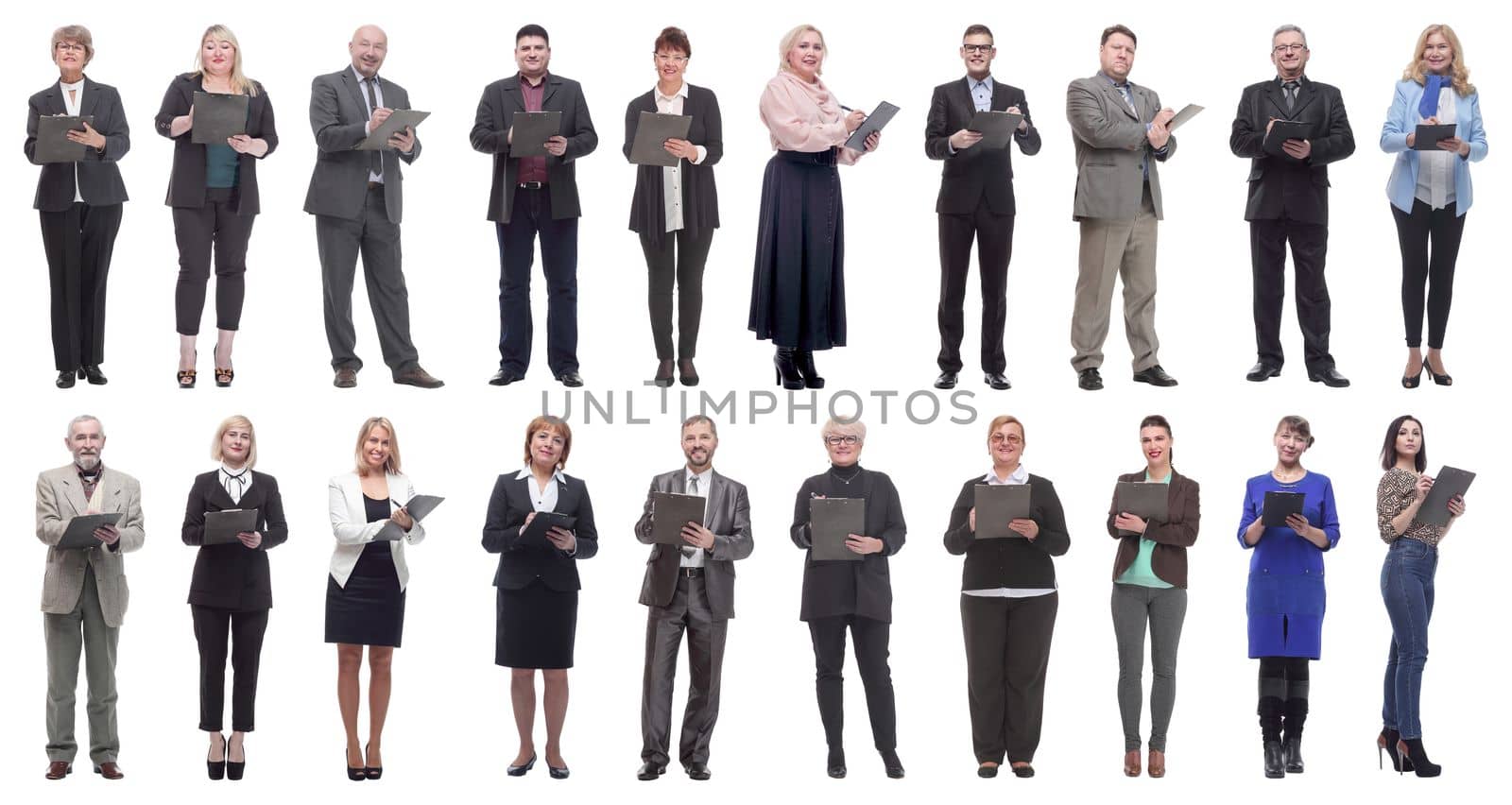group of successful people with notepad in hands isolated on white background
