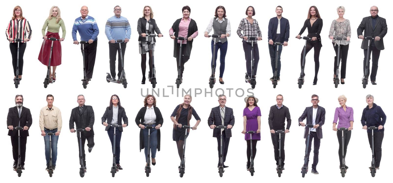 group of successful people on scooter isolated on white background