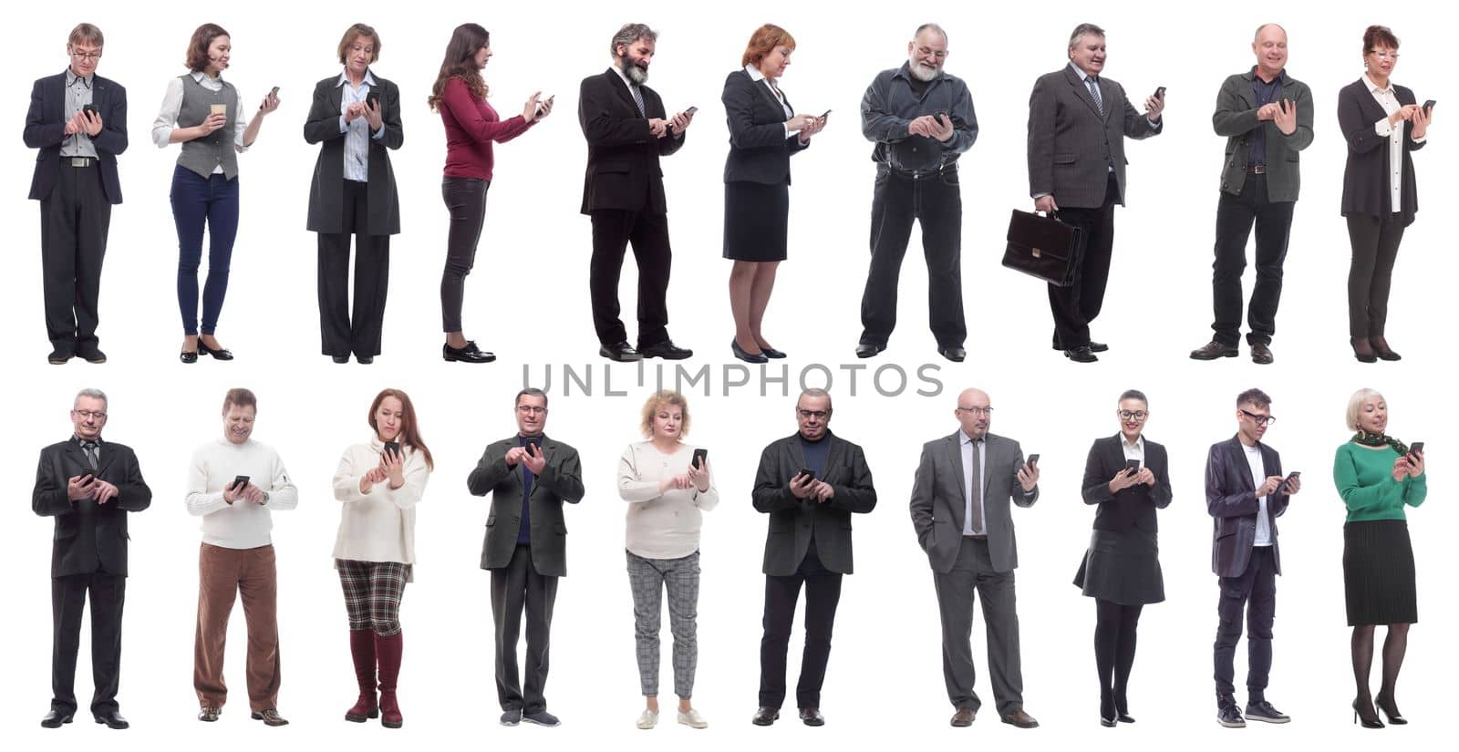 a group of people hold a phone in their hand and look into the phone isolated on a white background