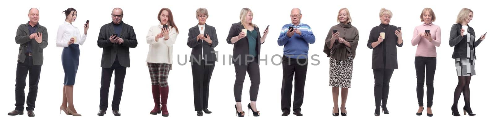 a group of people hold a phone in their hand and look into the phone isolated on a white background