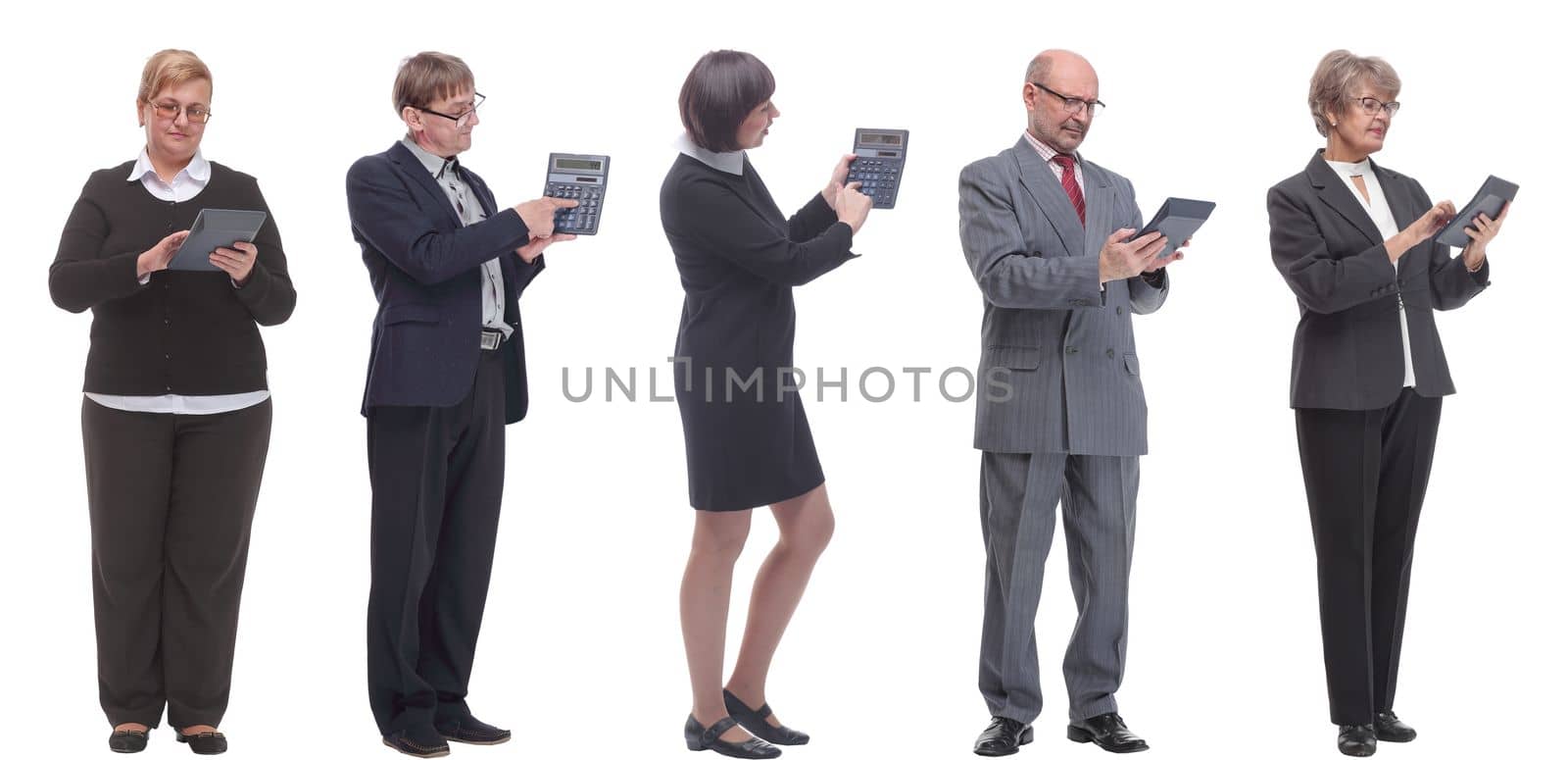 collage group of successful financiers with calculator isolated on white background