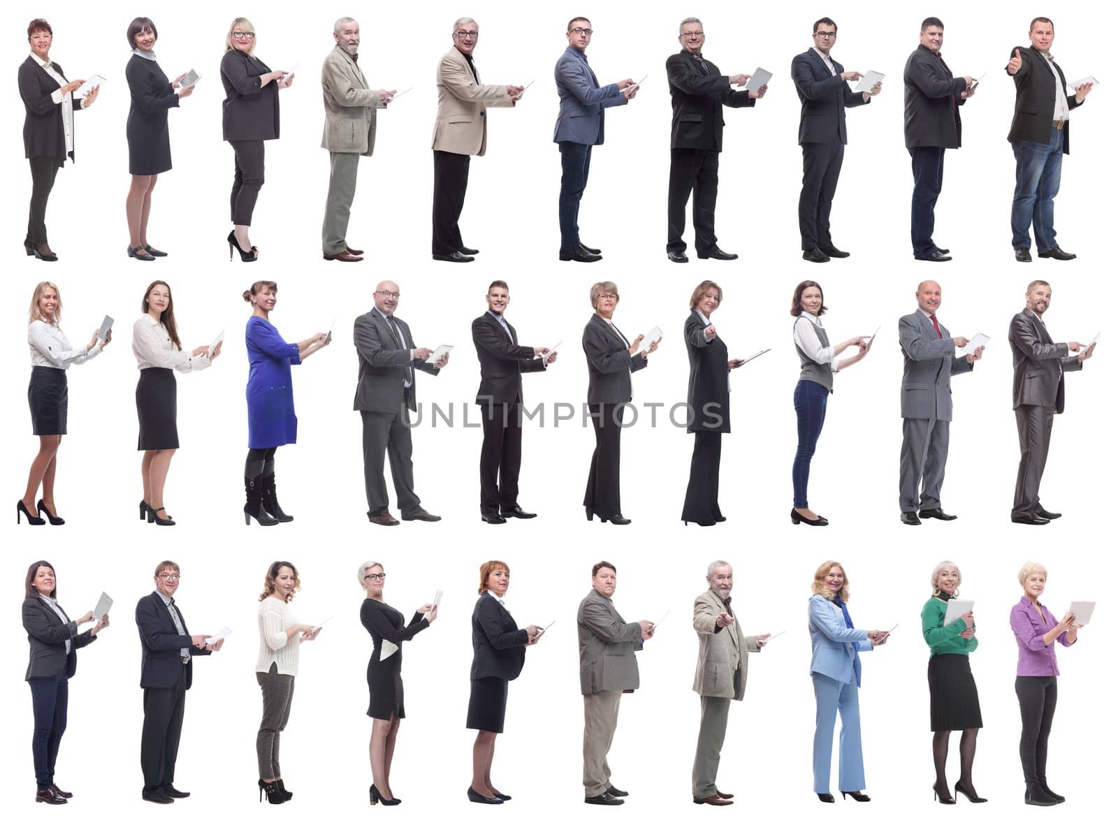 group of people demonstrating tablet looking at camera isolated on white background