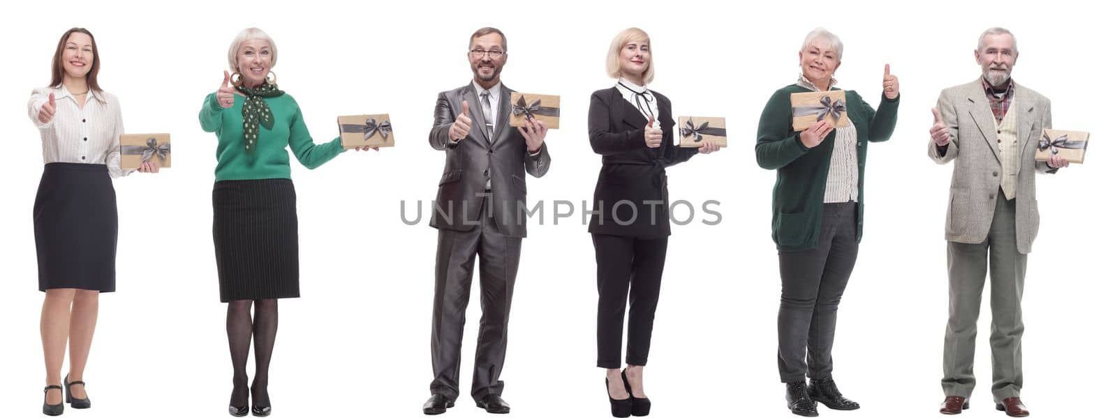 group of happy people with gifts in their hands isolated on white background