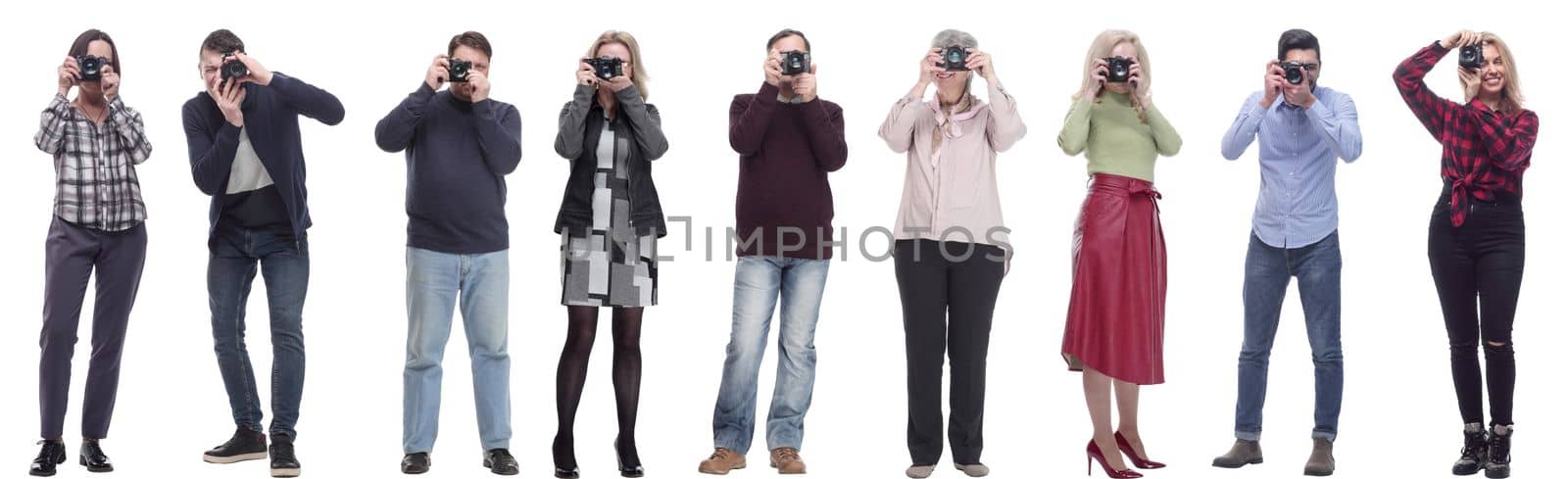 Many Double Twelve Group paparazzi photographers with cameras isolated on white collage