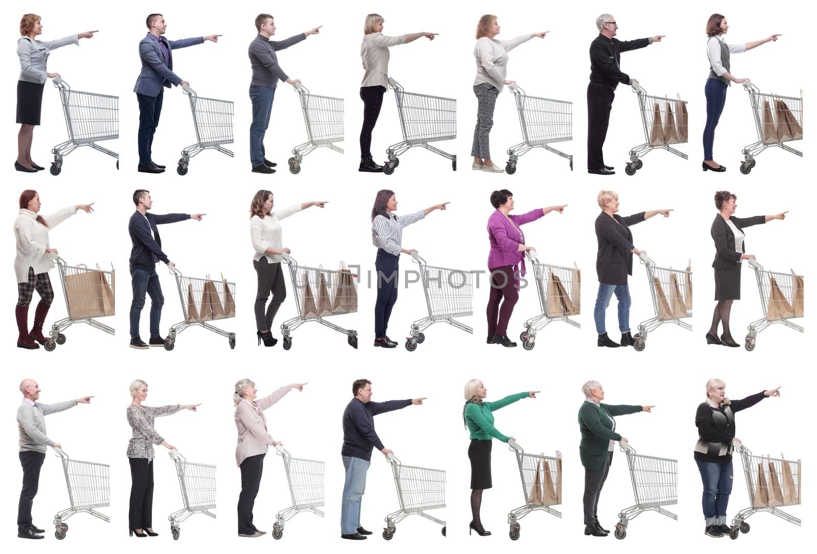 a group of people with a shopping cart point their fingers in front of them on a white background