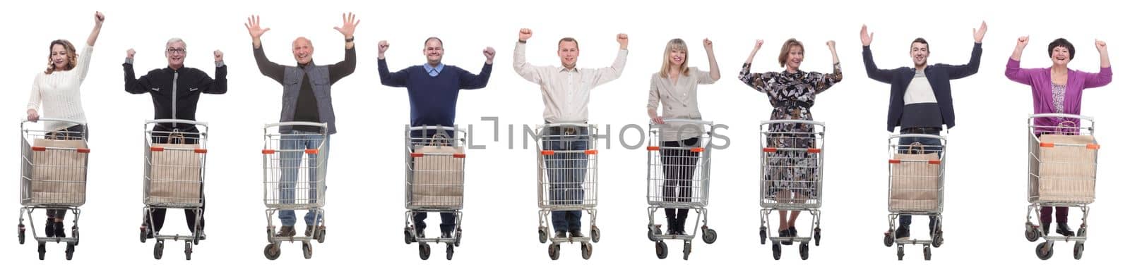 group of people with cart raised their hands up isolated on white background