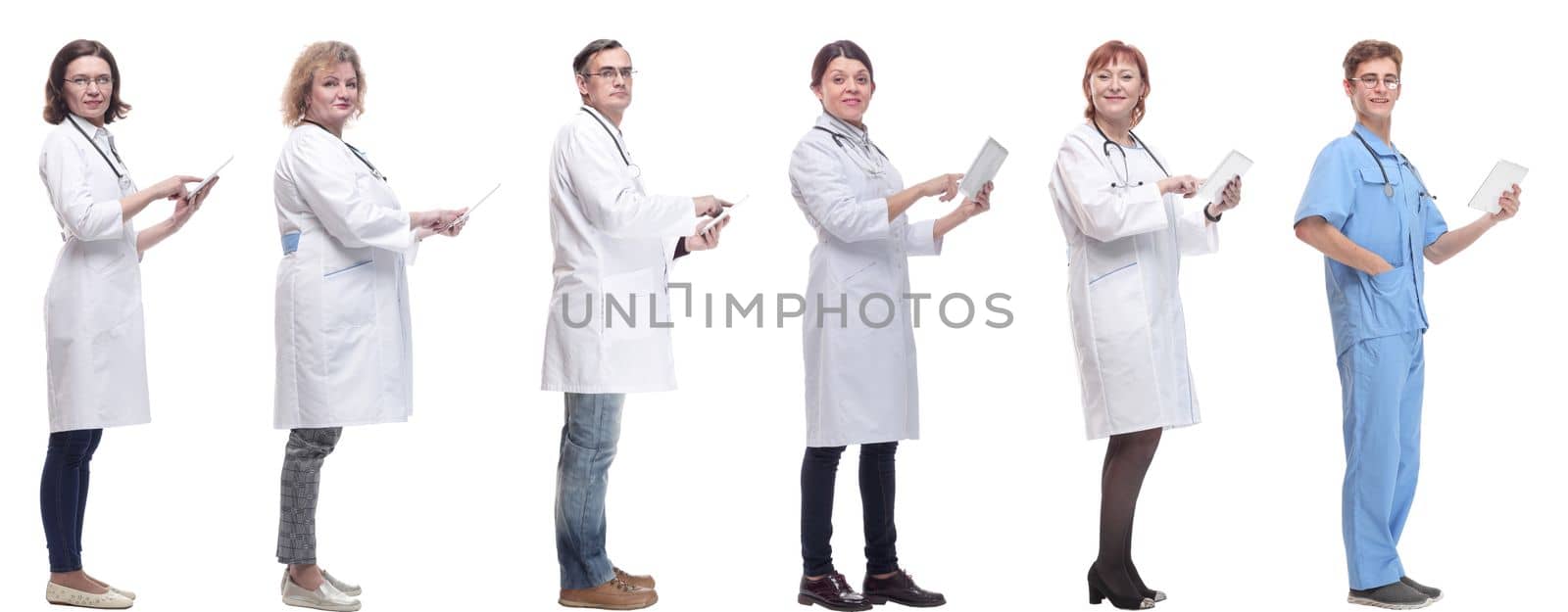 group of doctors with clipboard isolated on white background