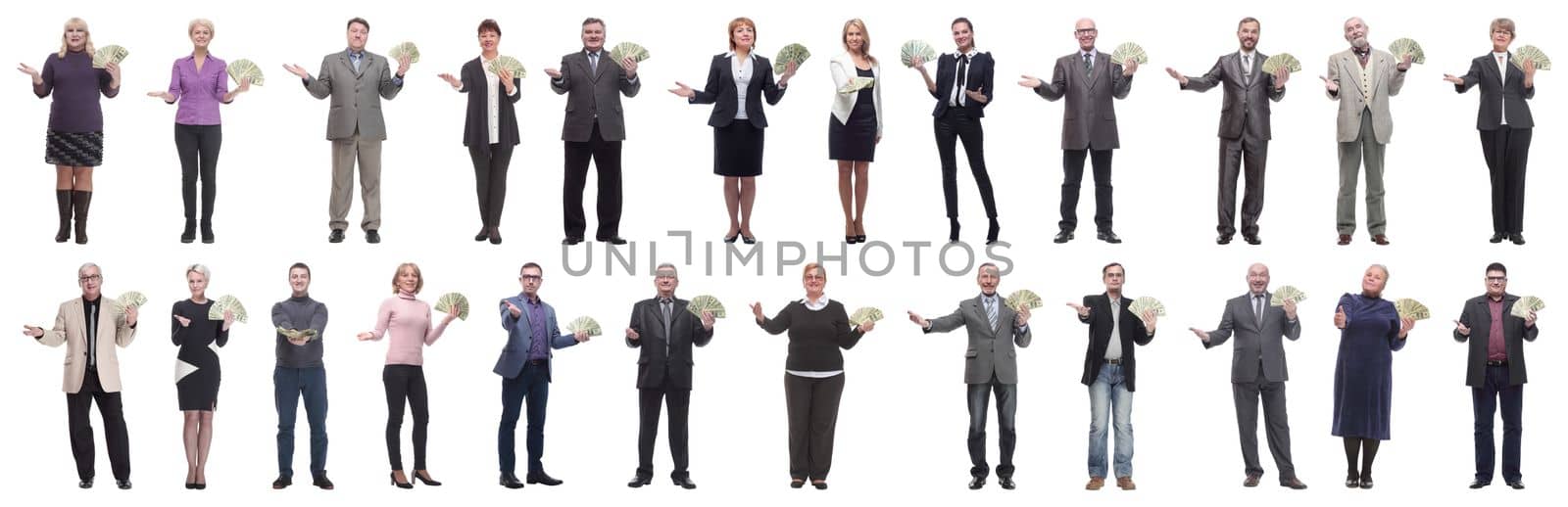 group of successful business people with money isolated on white background