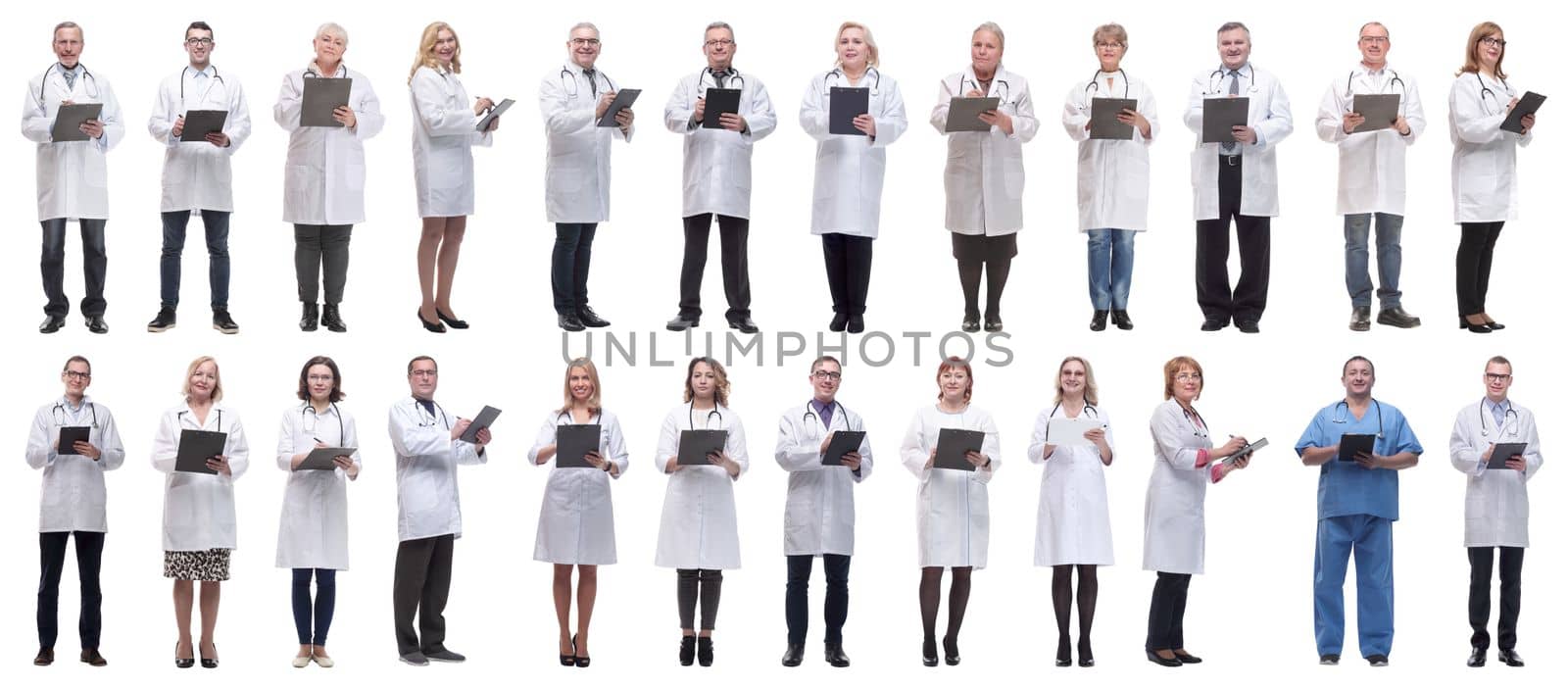 group of doctors in full length isolated on white background