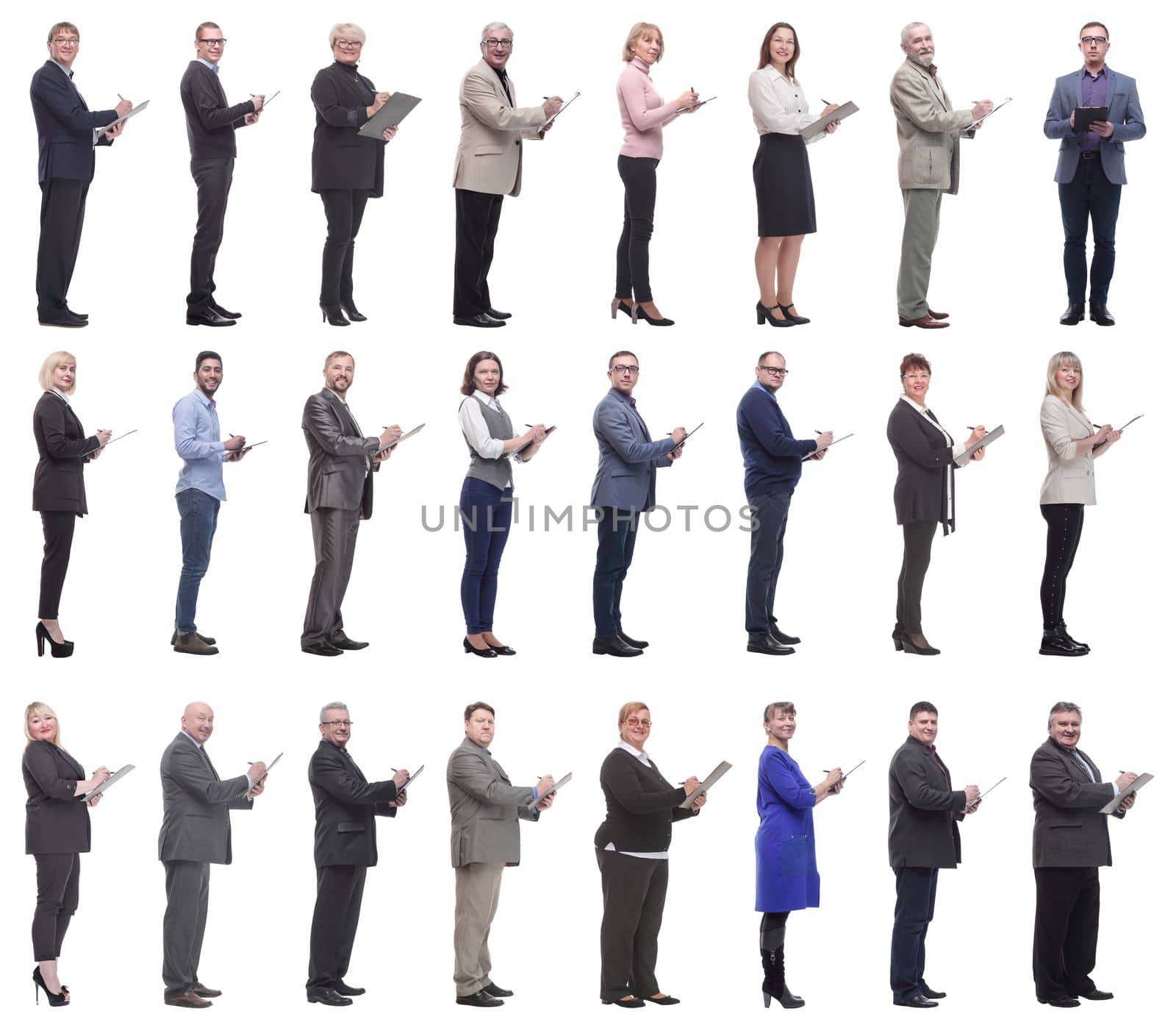 group of successful people with notepad in hands isolated on white background