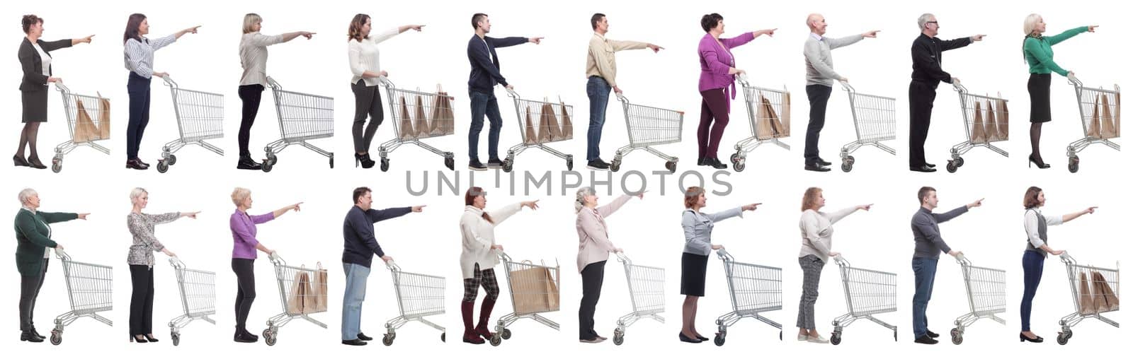 a group of people with a shopping cart point their fingers in front of them on a white background