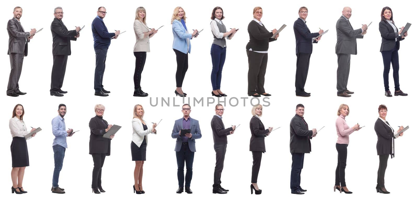 group of successful people with notepad in hands isolated on white background