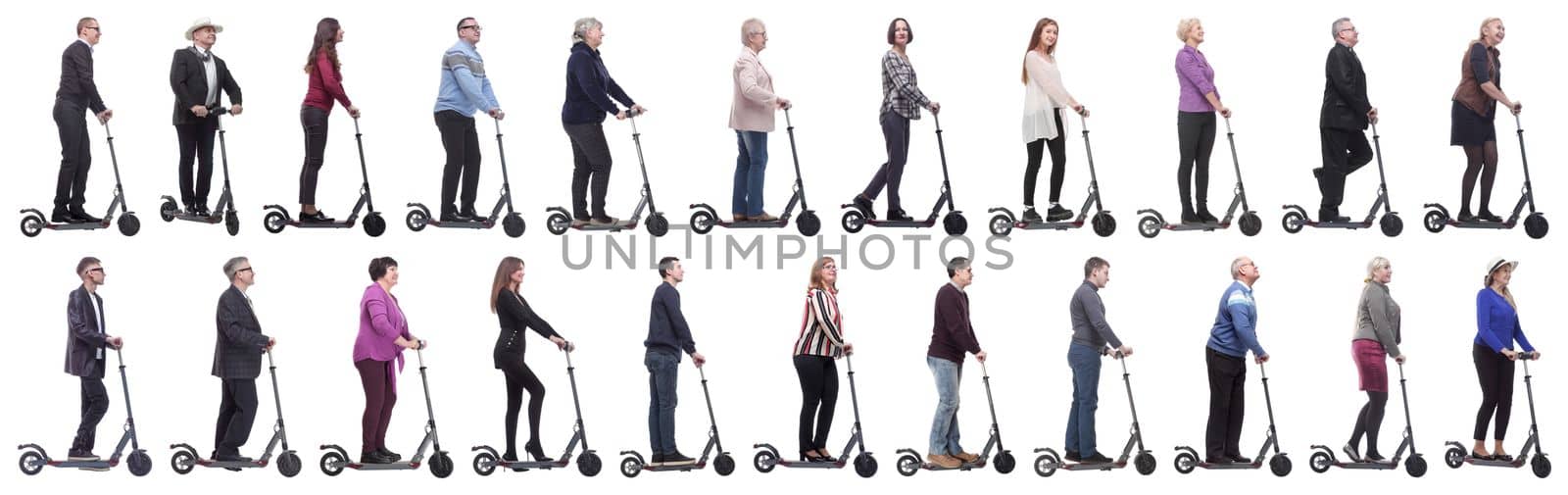 group of successful people on scooter isolated on white background