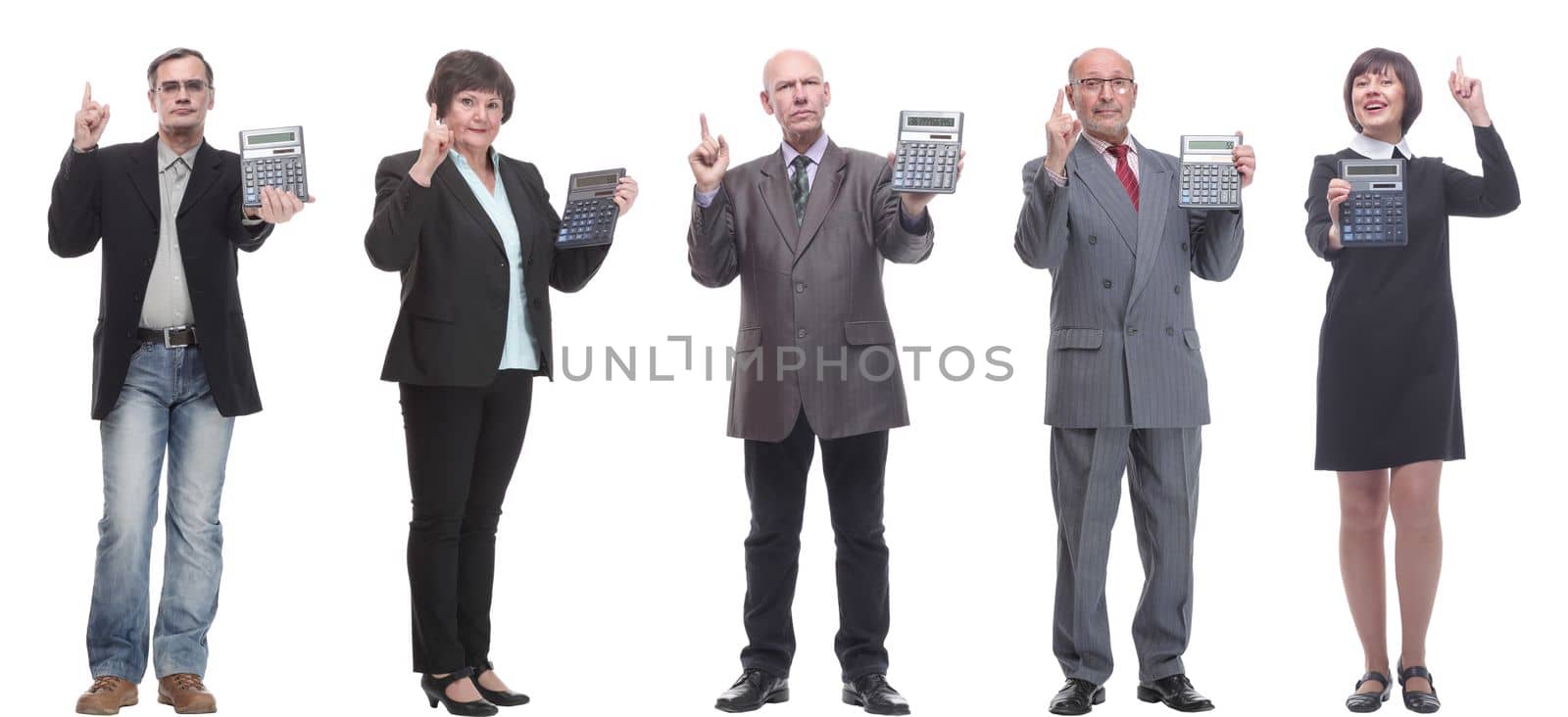 Collage of people with calculator isolated on white background