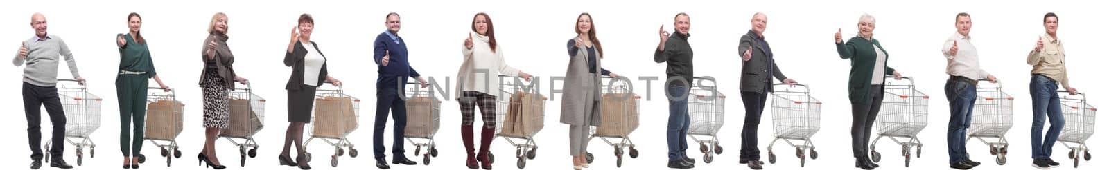 group of people with cart showing thumbs up isolated on white background