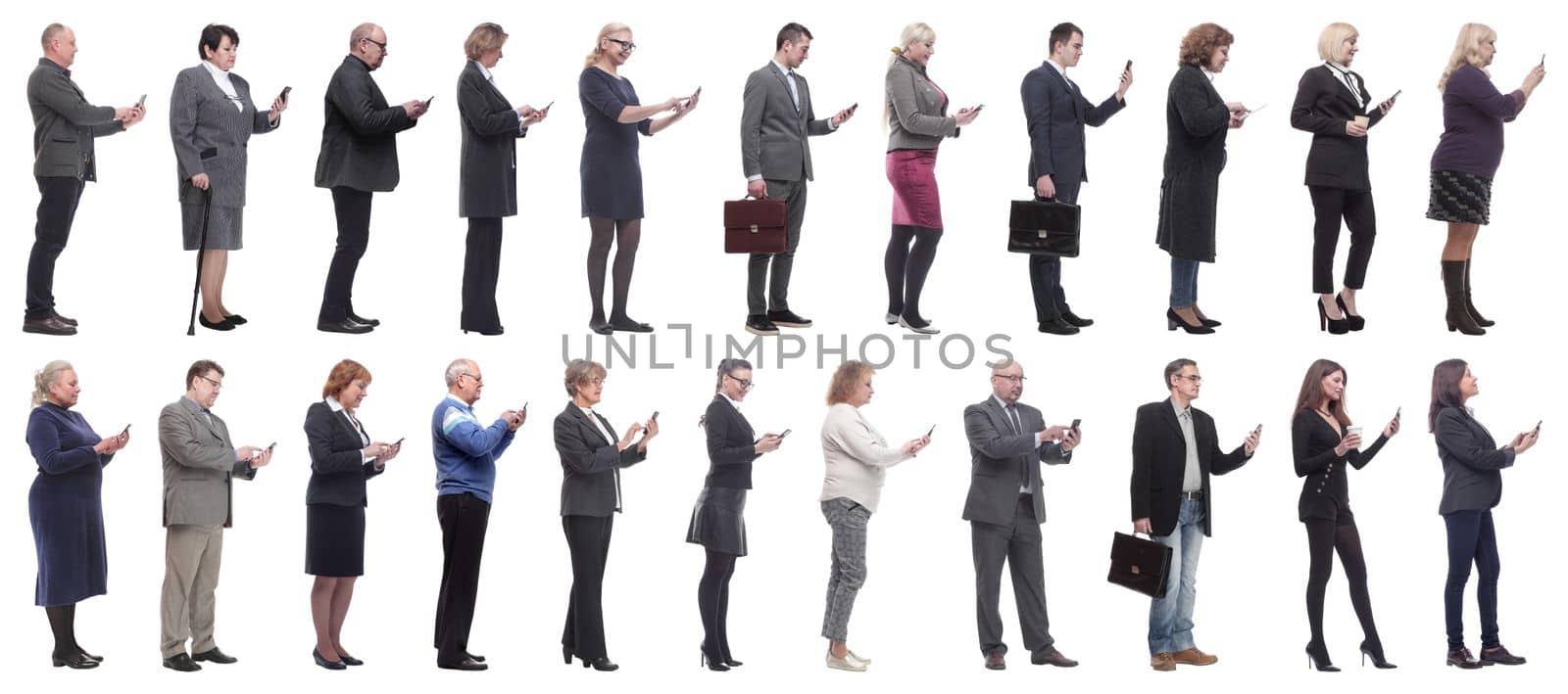 group of people profile holding phone in hand isolated on white background