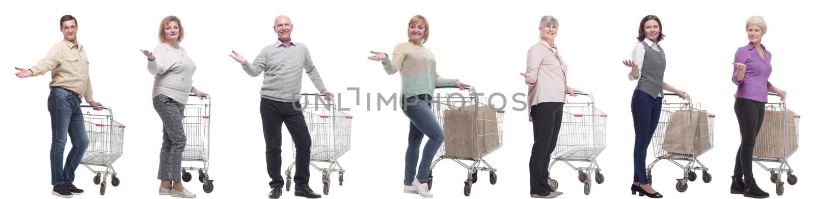 group of people with cart and outstretched hand thumbs up isolated on white background