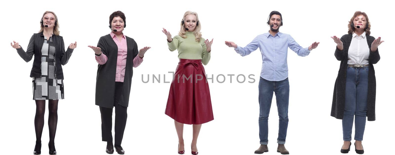 group of business people with microphone isolated on white background