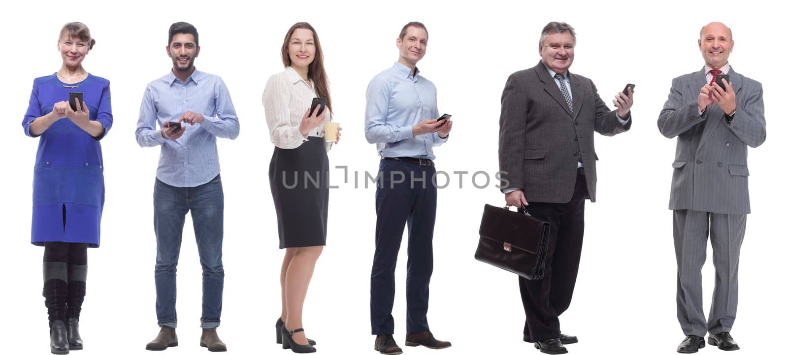 group of people holding phone in hand and looking at camera isolated on white background