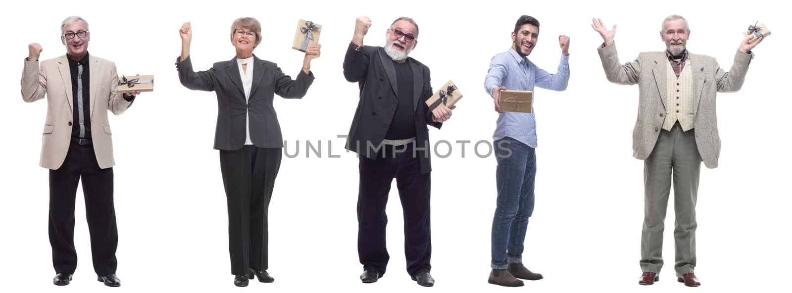 group of happy people with gifts in their hands isolated by asdf