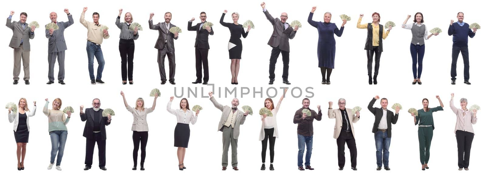 group of successful business people with money isolated on white background