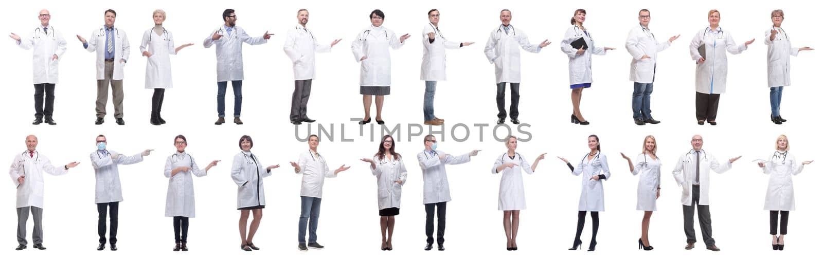 group of doctors in full length isolated on white background