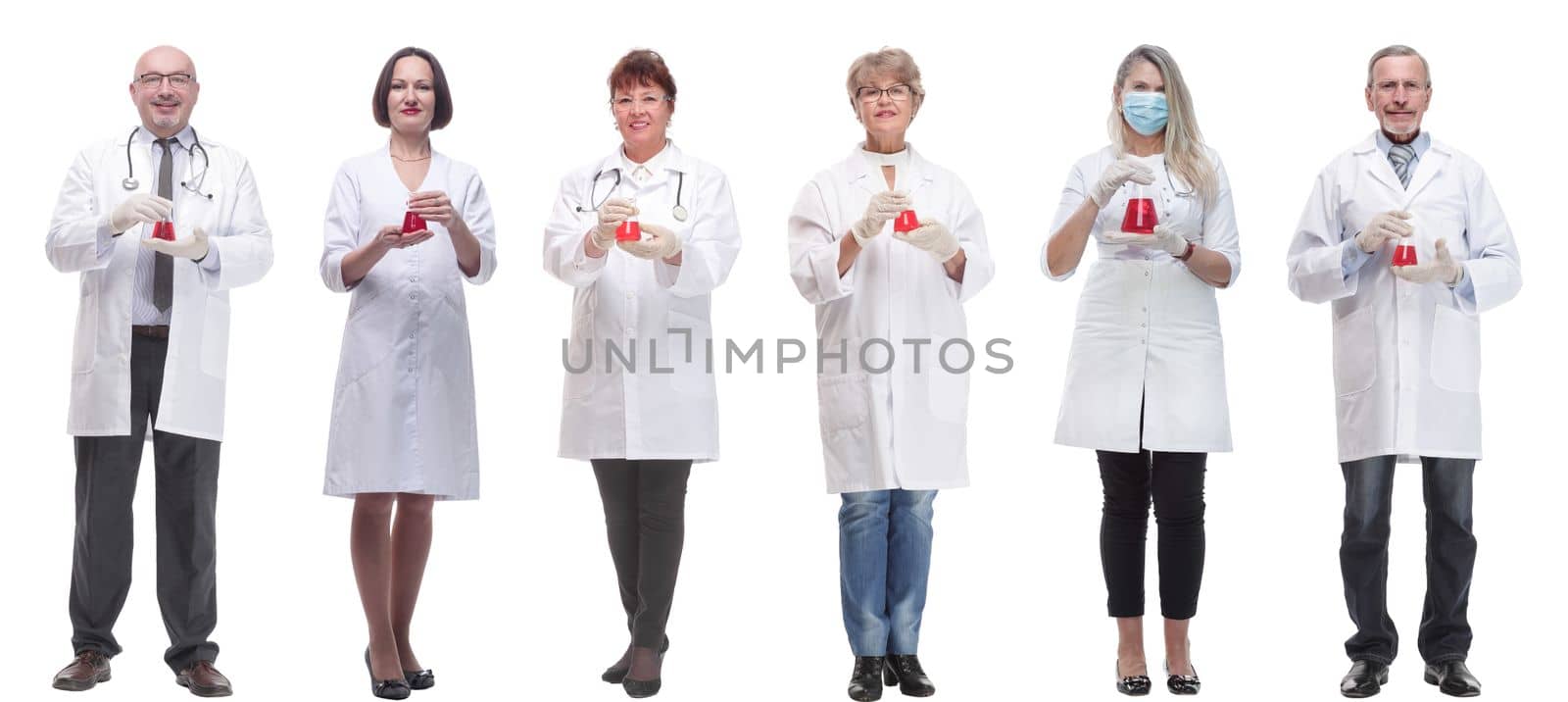 laboratory assistant holding a flask with liquid isolated on white background