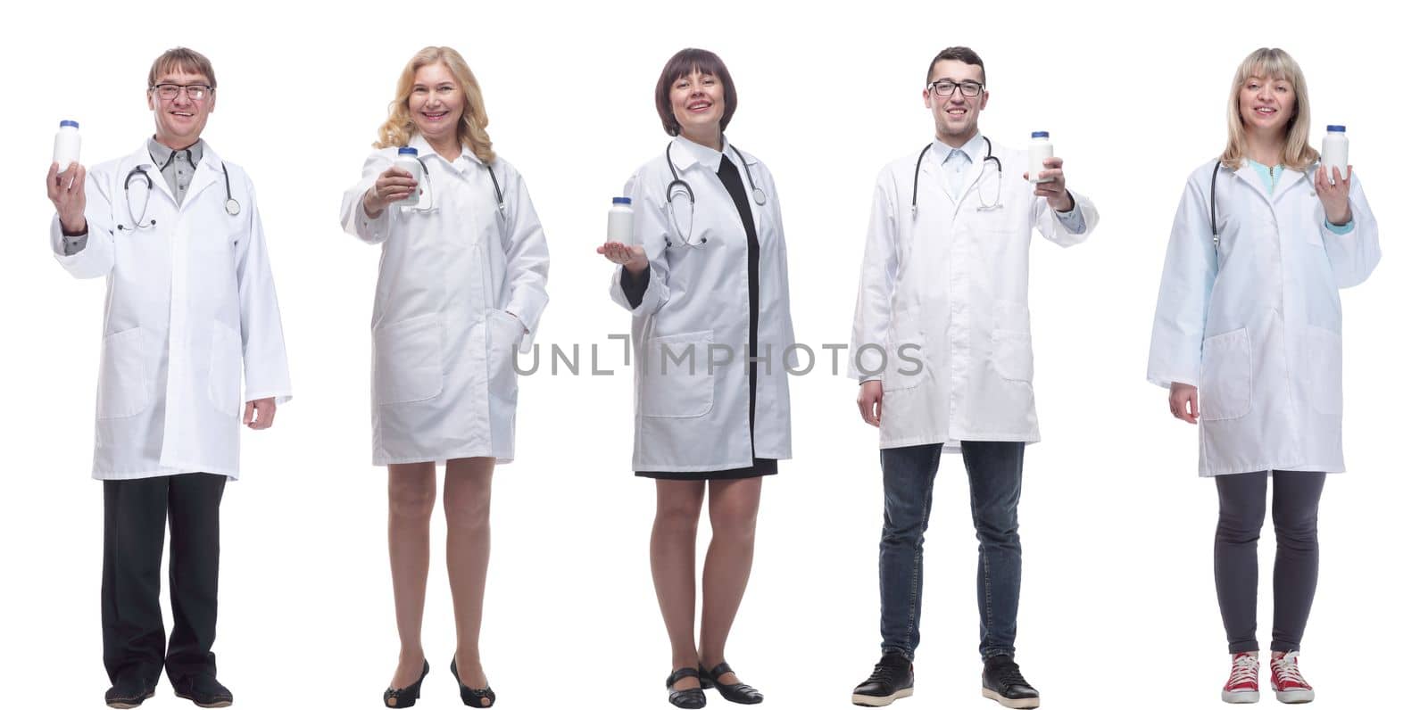 group of doctors holding jar isolated on white by asdf