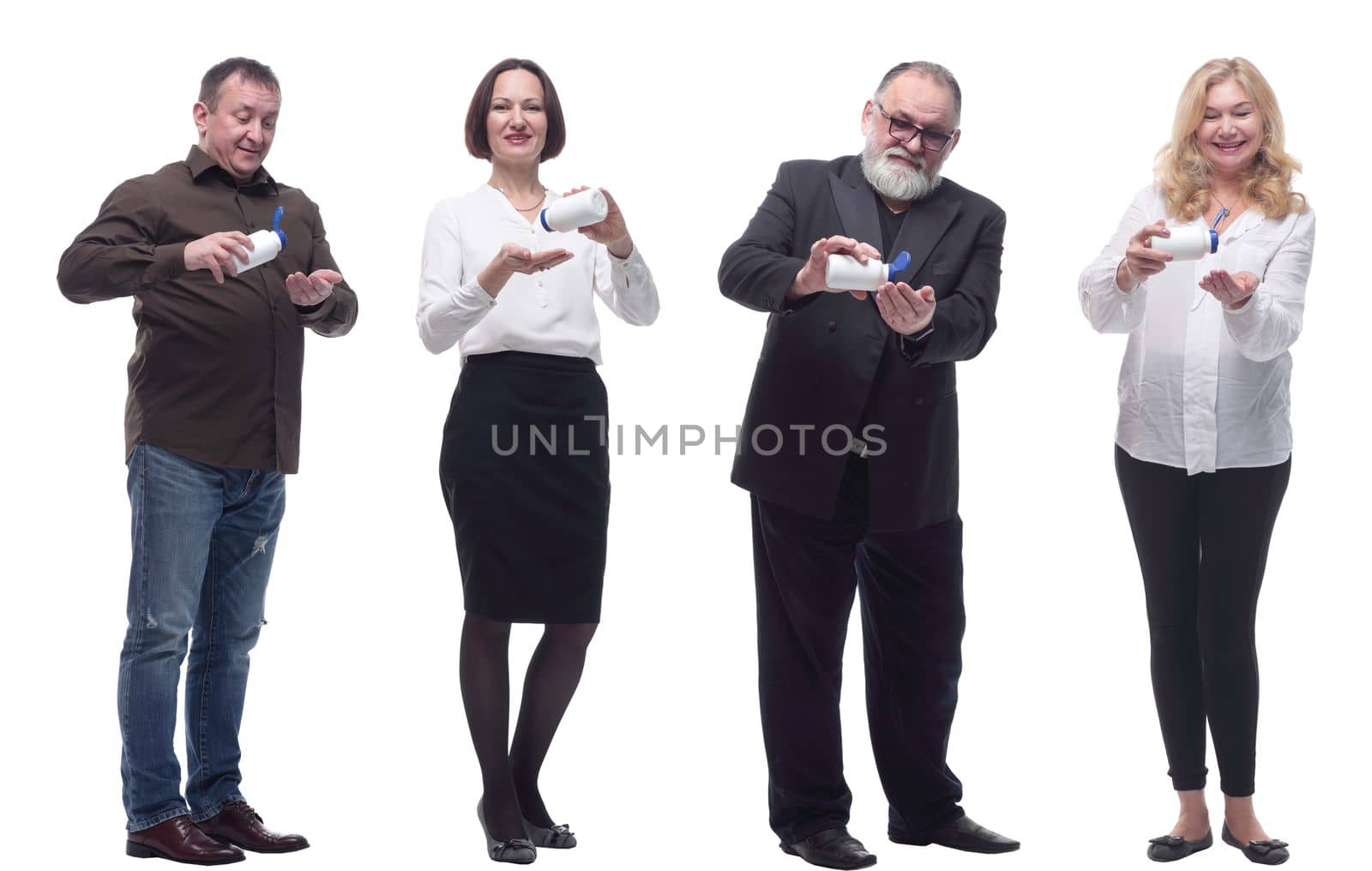 group of people taking a pill isolated on white background