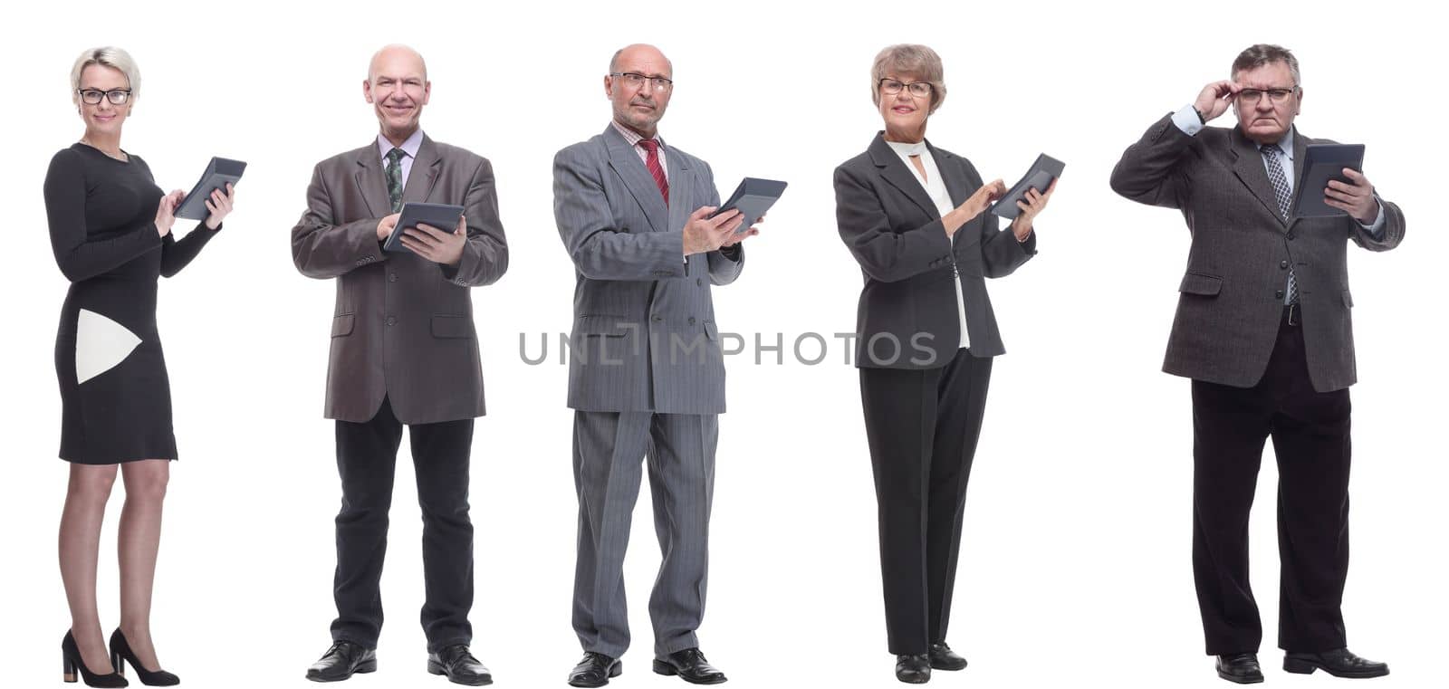 collage group of successful financiers with calculator isolated on white background