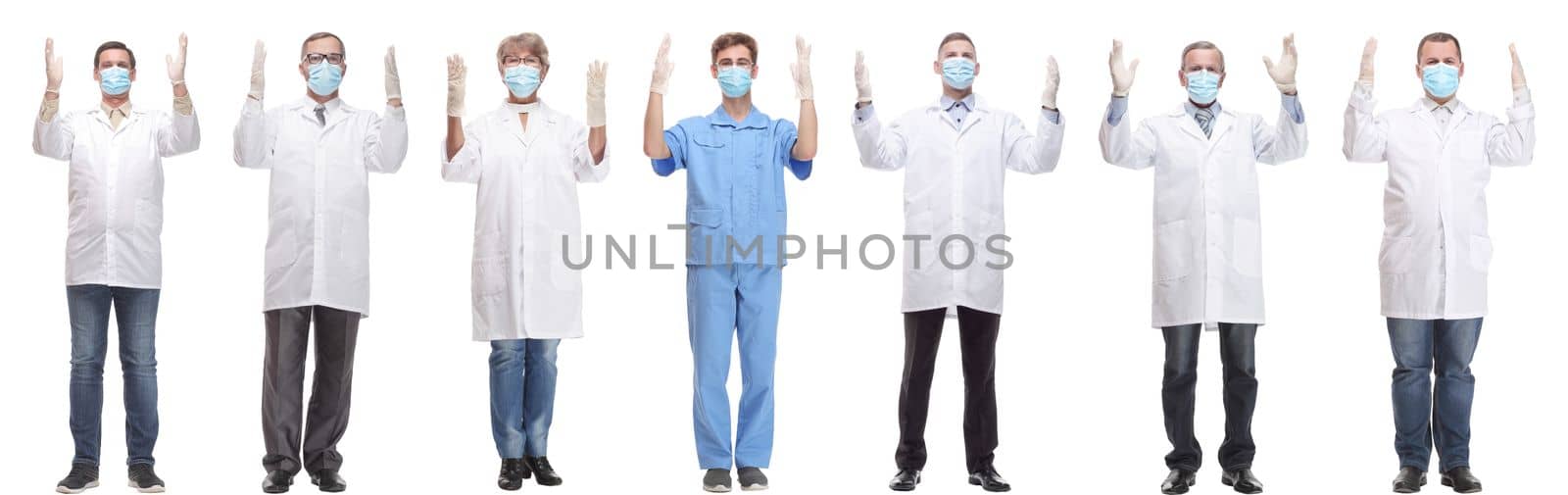 group of doctors in mask isolated on white background