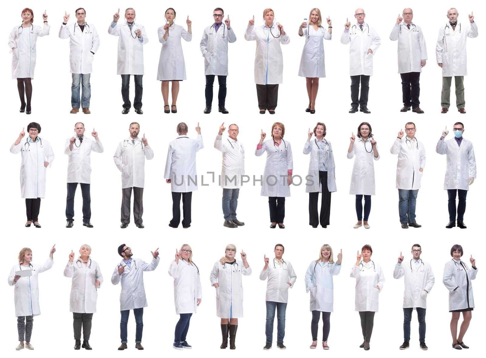group of doctors in full length isolated on white background