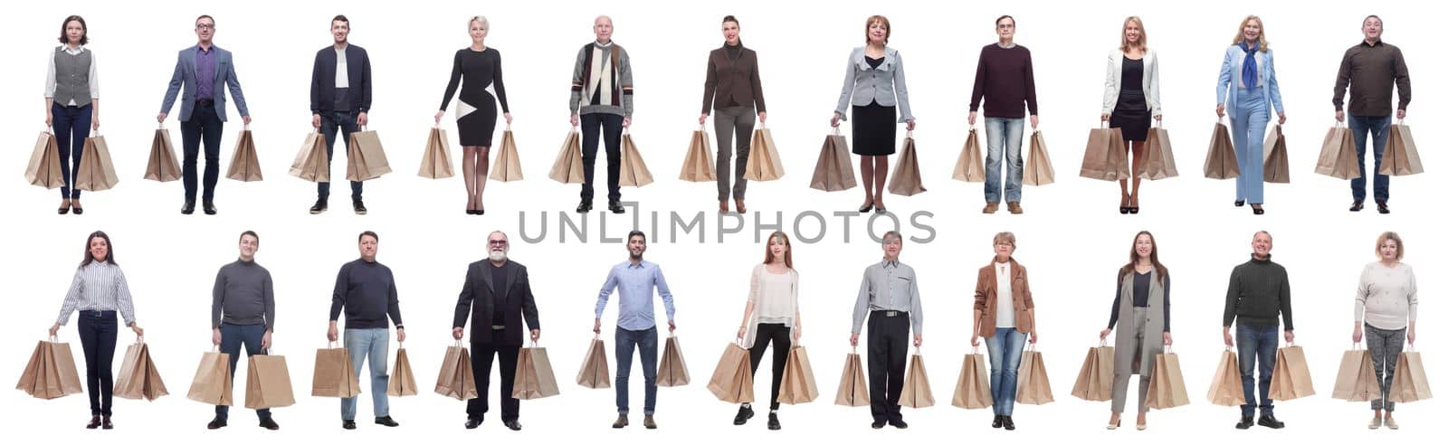 a line of people with shopping bags isolated by asdf