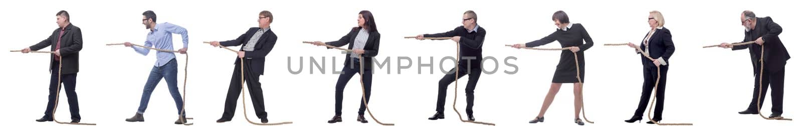 Business people pulling rope isolated on white background