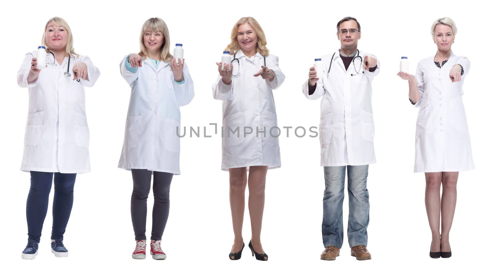 group of doctors holding jar isolated on white background