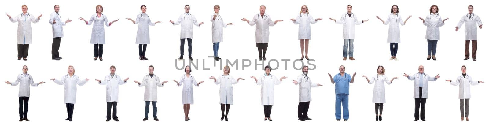 group of doctors in full length isolated on white background