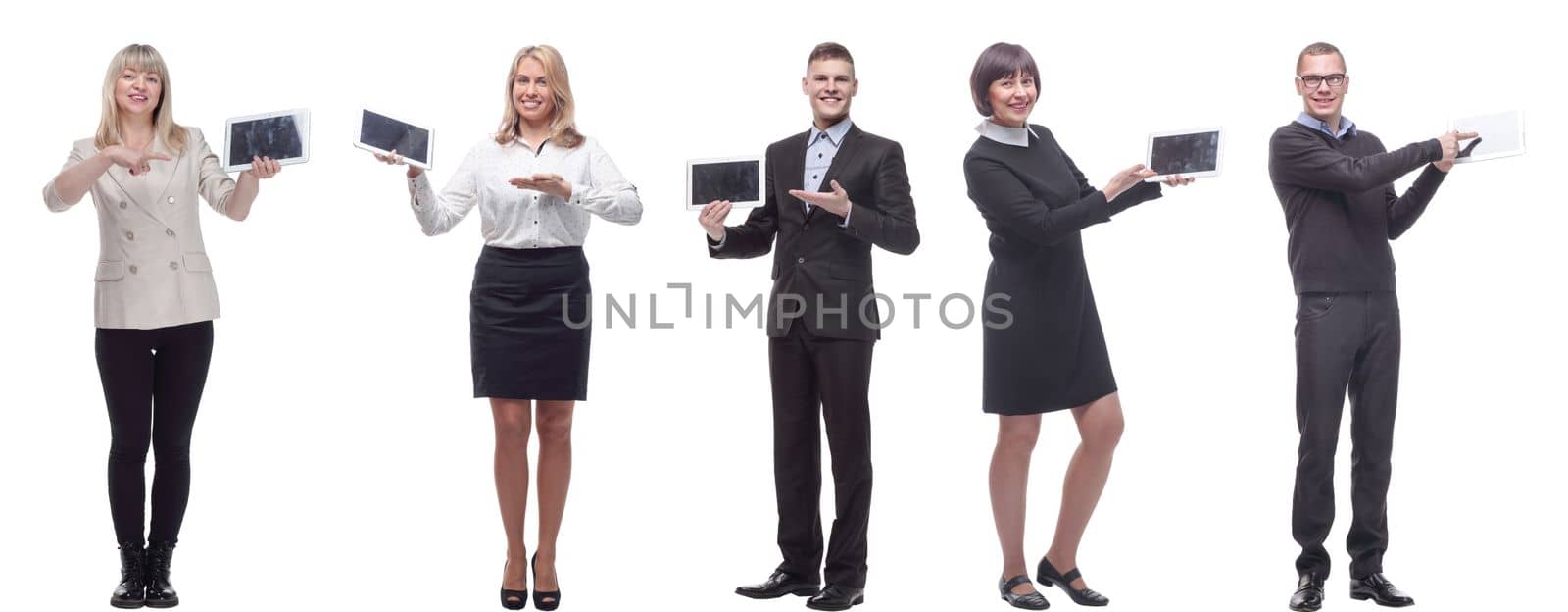 group of people demonstrating tablet isolated on white background