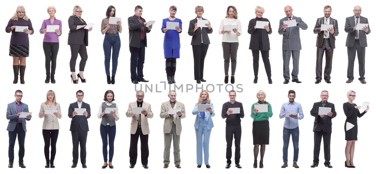 group of people holding tablet and looking into it isolated on white background