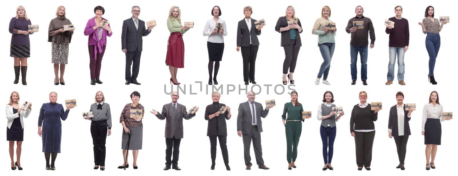 group of happy people with gifts in their hands isolated on white background
