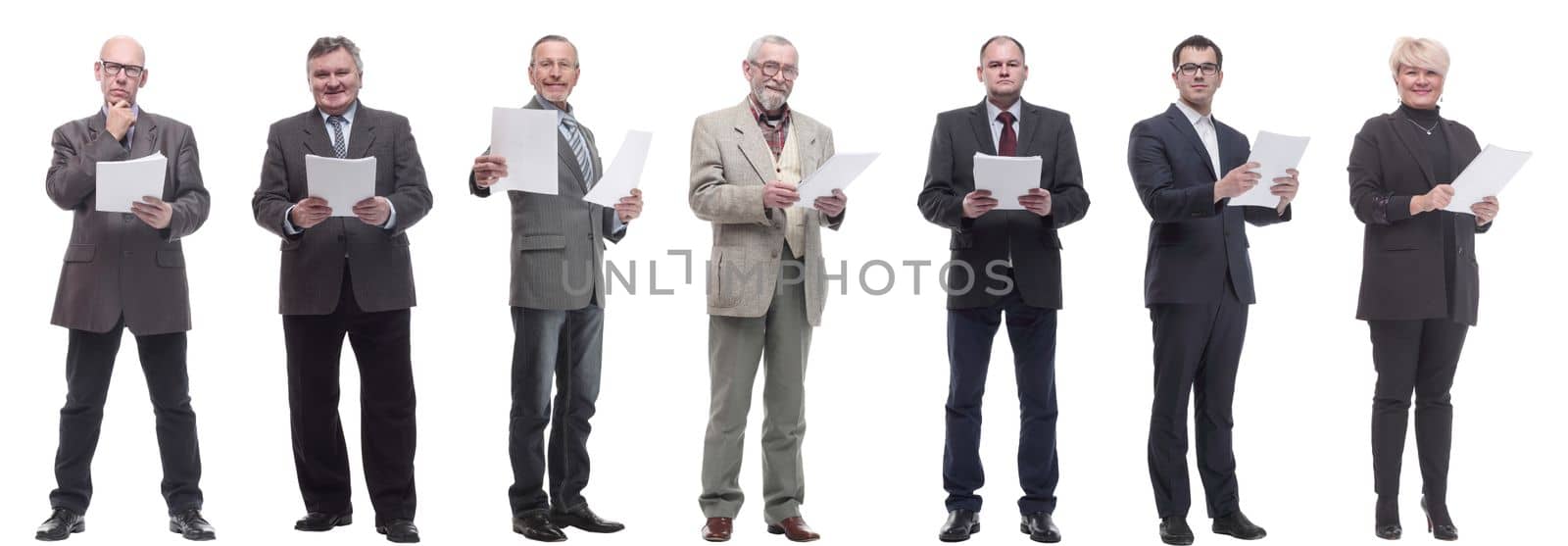 collage of people holding a4 sheet in hands isolated on white background