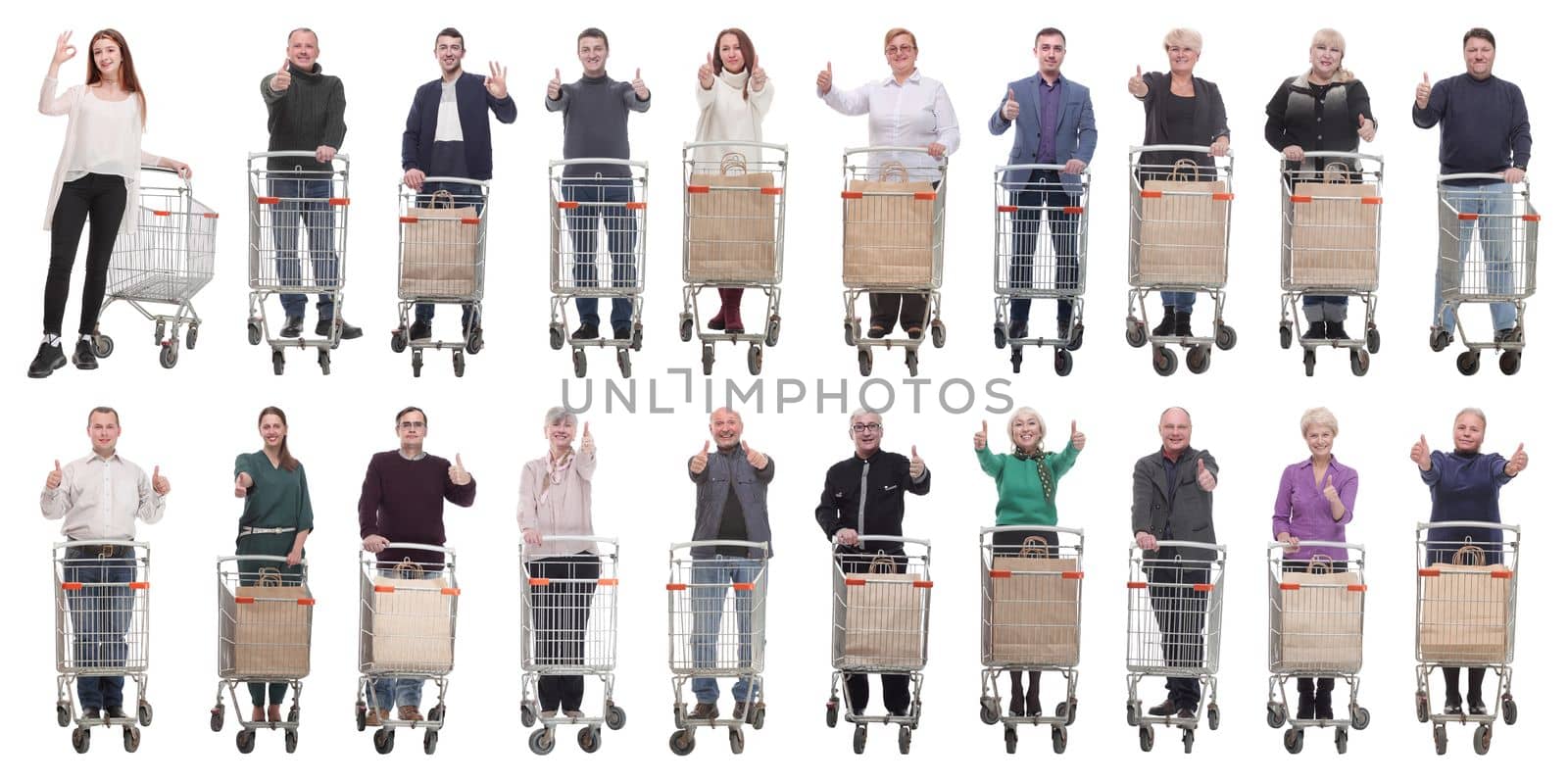 group of people with shopping cart showing thumbs up by asdf