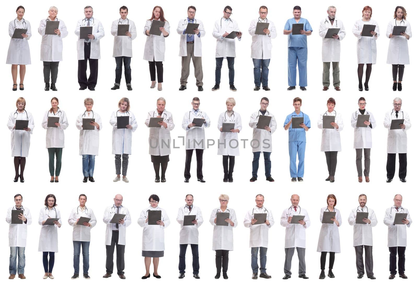 full length group of doctors with notepad isolated on white background